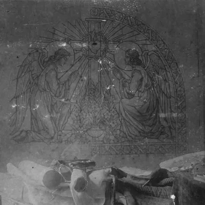 Carton pour un vitrail religieux.
Éxécuté pour Jean Perzel.
Atelier de Gaston Suisse.
Photographie d'époque.
Archives familiales.